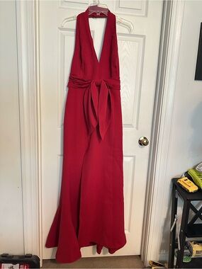 C/MEO Collective Red One-Shoulder Halter Gown with Waist Tie